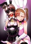  :p animal_ears arms_behind_back ball_gag bdsm black_leotard brown_hair bunny_ears bunnysuit cleavage_cutout drooling futami_ami futami_mami gag gagged gloves heart heart-shaped_pupils highres hitachi_magic_wand idolmaster idolmaster_(classic) incest leotard mask momo_no_suidou-sui multiple_girls pink_gloves pink_legwear pink_leotard red_eyes saliva siblings side_ponytail sisters symbol-shaped_pupils thighhighs tongue tongue_out twincest twins yuri 