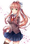  ahoge artist_name bangs blazer blue_skirt blush bow breasts brown_hair brown_jacket buttons closed_mouth collared_shirt contrapposto cowboy_shot doki_doki_literature_club eyebrows_visible_through_hair floating_hair green_eyes hair_bow hair_ribbon high_ponytail highres jacket long_hair long_sleeves looking_at_viewer medium_breasts miniskirt monika_(doki_doki_literature_club) namii neck_ribbon pleated_skirt ponytail red_ribbon ribbon school_uniform shirt sidelocks skindentation skirt smile solo standing thighhighs very_long_hair vest white_bow white_ribbon white_shirt wing_collar zettai_ryouiki 