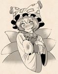  blush breast_hold breasts closed_mouth covered_nipples dress embarrassed fox_tail greyscale hat large_breasts long_sleeves looking_at_viewer monochrome nose_blush ofuda pillow_hat see-through simple_background solo tabard tail tassel touhou upper_body urin wide_sleeves yakumo_ran 