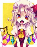  blonde_hair collared_shirt flandre_scarlet fua_yuu hair_between_eyes hat hat_ribbon looking_at_viewer mob_cap open_mouth puffy_short_sleeves puffy_sleeves red_eyes red_ribbon ribbon shirt short_sleeves slit_pupils solo teeth tongue touhou upper_body vest white_background white_hat wing_collar wings 