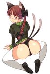  animal_ears ass black_panties blush bow braid cat_ears cat_tail extra_ears from_behind full-face_blush full_body hair_bow hair_ornament kaenbyou_rin kneeling long_hair long_sleeves looking_at_viewer looking_back multiple_tails no_pants panties pointy_ears puffy_sleeves red_eyes red_hair shirt shoes simple_background smile solo spread_legs tail thighhighs thong touhou twin_braids underwear urin white_background white_legwear 