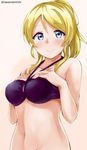  ayase_eli banned_artist bare_arms bare_shoulders bikini_top blonde_hair blue_eyes blush bottomless breasts closed_mouth collarbone eyebrows_visible_through_hair halter_top halterneck hands_on_own_chest looking_at_viewer love_live! love_live!_school_idol_project medium_breasts navel out-of-frame_censoring pink_background ponytail purple_bikini_top sidelocks simple_background smile solo stomach tareme tasora twitter_username 
