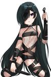  ass_visible_through_thighs bare_shoulders black_hair bodysuit fate/grand_order fate_(series) fishnet_bodysuit fishnets hair_over_one_eye highres holding holding_weapon k_jin kneeling long_hair mochizuki_chiyome_(fate/grand_order) navel open_mouth purple_eyes solo very_long_hair weapon 