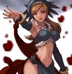  armpits bare_shoulders blonde_hair blurry breasts brown_eyes closed_mouth commentary cowboy_shot depth_of_field detached_sleeves hat kzzang lipstick long_hair makeup medium_breasts navel no_panties original pelvic_curtain red_lipstick solo stomach 