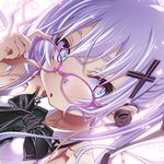  adjusting_eyewear blue_eyes earphones face glasses gradient_eyes hair_ornament hair_ribbon hairclip highres long_hair looking_at_viewer looking_up multicolored multicolored_eyes original purple_hair ribbon sakuya_tsuitachi solo white_background 