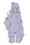  breasts commentary_request hat kantai_collection large_breasts long_hair mini_hat monochrome navel open_clothes open_shirt oso_(toolate) panties pola_(kantai_collection) shirt thighhighs tilted_headwear underwear wavy_hair 