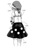  bra directional_arrow doremy_sweet from_behind greyscale hat monochrome nightcap pom_pom_(clothes) short_hair simple_background skirt solo standing touhou translation_request underwear urin white_background 