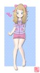  1girl absurdres alternate_costume barefoot blonde_hair blue_background blue_eyes blush border bow collarbone cutout feet female full_body hair_bow heart knees_together_feet_apart looking_at_viewer outline pajamas pink_bow pink_shorts pokemon pokemon_(anime) pokemon_xy_(anime) purple_shirt serena_(pokemon) shirt short_shorts short_sleeves shorts simple_background smile solo standing tax2rin text tied_hair translation_request watermark white_border 