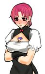  1girl bazett_fraga_mcremitz between_breasts black_gloves blush breasts chibi china_dress chinese_clothes cleavage_cutout closed_mouth crossed_arms dress embarrassed fate/hollow_ataraxia fate_(series) gloves lancer large_breasts mole mole_under_eye puffy_short_sleeves puffy_sleeves red_eyes red_hair short_hair short_sleeves simple_background sode_nonaka standing white_background 