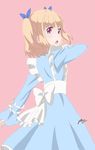  blonde_hair blue_dress dated dress iijima_yun long_sleeves looking_at_viewer new_game! open_mouth pink_background standing two_side_up ue_ryouten_no_kawazoe-sensei 