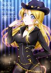  2017 ayase_eli bibi_(love_live!) black_bodysuit black_hat blonde_hair blue_eyes blush bodysuit breasts chain character_name cleavage covered_navel cowboy_shot dated diamond_princess_no_yuuutsu eyebrows_visible_through_hair floating_hair hair_between_eyes happy_birthday hat highres long_hair love_live! love_live!_school_idol_project medium_breasts open_mouth ric_(fwpbox) signature solo sparkle standing striped striped_background 