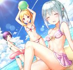  ^_^ arms_up ass ball bangs beach beachball bikini bikini_skirt blonde_hair blue_bikini blue_sky breasts brown_eyes closed_eyes cloud cloudy_sky condensation_trail day dutch_angle eromanga_sensei eyebrows_visible_through_hair halter_top halterneck horizon innertube izumi_sagiri knee_up long_hair miniskirt multiple_girls na53 navel open_mouth outdoors pink_bikini pink_skirt pleated_skirt ponytail purple_hair senju_muramasa short_hair side_ponytail sidelocks sitting skirt sky small_breasts smile standing striped striped_bikini swimsuit thighs white_bikini yamada_elf 