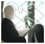  1boy 2others ahn androgynous backlighting bald black_hair black_neckwear book bort collared_shirt curious diamond_(houseki_no_kuni) eyebrows_visible_through_hair gloves hair_between_eyes hiding houseki_no_kuni indoors japanese_clothes jpeg_artifacts kesa kongou_sensei light light_particles long_hair long_sleeves looking_at_another monk multicolored_hair multiple_others necktie open_book peeking_out pillar shiny shirt short_hair short_sleeves spoken_ellipsis sunlight suspenders thick_eyebrows uniform white_eyes white_gloves white_hair white_shirt wide_sleeves window 