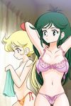  2girls blonde_hair blue_eyes bra breasts choudenji_robo_combattler_v crossover green_hair kamikita_keiko long_hair multiple_girls muteki_choujin_zambot_3 nanbara_chizuru orange_panties panties pink_bra pink_panties shijou_yukimasa topless underwear underwear_only 