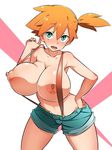  alternate_breast_size bar_censor bare_shoulders blue_eyes blush breasts censored collarbone erect_nipples eyebrows_visible_through_hair female furau-ru hair_tie hand_on_hip hand_up highres huge_breasts kasumi_(pokemon) legs_apart looking_up navel nipples open_mouth orange_hair pokemon pokemon_(anime) ponytail pussy short_hair short_sidetail shorts side_ponytail simple_background smile solo standing suspenders teeth tied_hair tongue white_background 