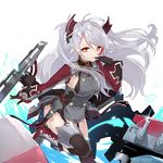  azur_lane bangs black_gloves black_legwear closed_mouth commentary_request finger_to_mouth garter_straps gloves grey_hair hand_up highlights iron_cross knee_up kneehighs long_sleeves looking_at_viewer military military_uniform multicolored_hair nyori prinz_eugen_(azur_lane) red_eyes red_hair sidelocks simple_background solo thighhighs turret twitter_username two-tone_hair two_side_up uniform white_background 