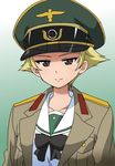  bangs black_neckwear blonde_hair blouse bow bowtie brown_eyes brown_jacket closed_mouth commentary_request erwin_(girls_und_panzer) girls_und_panzer goggles goggles_on_headwear gradient gradient_background green_background green_hat hat jacket long_sleeves looking_at_viewer military_hat military_jacket nanashiro_gorou ooarai_school_uniform open_clothes open_jacket peaked_cap pointy_hair school_uniform serafuku short_hair smile solo upper_body white_blouse 