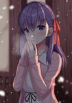  blush eyebrows_visible_through_hair fate/stay_night fate_(series) hair_ribbon highres izumo_neru long_hair looking_at_viewer matou_sakura parted_lips purple_eyes purple_hair red_ribbon ribbon snow snowing solo upper_body 