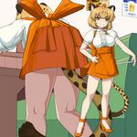  alternate_costume animal_ears anna_miller bare_legs blonde_hair blush booth bow breasts from_below full_body hand_on_hip high_heels indoors iwahana jaguar_(kemono_friends) jaguar_ears jaguar_tail kemono_friends kneepits large_breasts leaning_forward looking_at_viewer multicolored_hair multiple_views name_tag orange_skirt restaurant short_hair skirt smile standing tail tray waitress yellow_eyes 