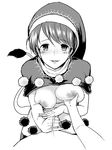  1girl breast_grab breasts capelet doremy_sweet dress grabbing greyscale handjob hat hetero large_breasts leaning_forward looking_at_viewer monochrome nightcap nipples penis pom_pom_(clothes) simple_background smile solo_focus tail tapir_tail touhou urin white_background 