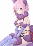  animal_ears bare_shoulders between_legs blush breasts cleavage closed_mouth dangerous_beast detached_collar elbow_gloves fate/grand_order fate_(series) fur-trimmed_gloves fur-trimmed_legwear fur_collar fur_trim gloves hand_between_legs highres lace lace-trimmed_thighhighs looking_at_viewer mash_kyrielight medium_breasts o-ring pink_hair purple_eyes purple_gloves purple_legwear revealing_clothes short_hair shuutou_haruka simple_background sitting solo tail tareme thighhighs white_background wolf_ears wolf_tail 