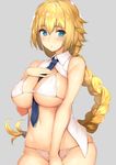  :o arm_at_side bangs between_breasts bikini blonde_hair blue_eyes blue_neckwear blush body_mahattaya_ginga braid breasts cowboy_shot eyebrows_visible_through_hair fate/apocrypha fate_(series) grey_background hair_between_eyes hair_flaps hand_on_own_chest jeanne_d'arc_(fate) jeanne_d'arc_(fate)_(all) large_breasts long_hair looking_at_viewer navel necktie necktie_between_breasts open_clothes open_shirt parted_lips shirt sidelocks simple_background single_braid sleeveless sleeveless_shirt solo swimsuit underboob very_long_hair white_bikini white_shirt 