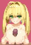  1boy 1girl animated animated_gif areolae blonde_hair blush breasts collarbone cum cum_on_breasts earrings ejaculation erection eyes_closed facial fate/extra fate/grand_order fate_(series) green_eyes kunabishi large_breasts looking_at_viewer nero_claudius_(swimsuit_caster)_(fate) nipples paizuri pixel_art red_background saber_extra tongue tongue_out topless twintails ugoira upper_body 