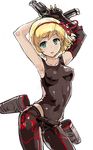  alternate_costume armpits arms_behind_head black_gloves black_leotard black_pants blonde_hair breasts contrapposto covered_navel covered_nipples cowboy_shot djeeta_(granblue_fantasy) dual_wielding elbow_gloves gloves granblue_fantasy green_eyes gun gunslinger_(granblue_fantasy) hair_ribbon handgun holding holster leotard looking_at_viewer medium_breasts pants parted_lips revolver ribbon short_hair simple_background single_glove solo standing weapon white_background yuugiri 