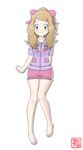  absurdres arm_behind_back bangs barefoot blue_eyes blush bow brown_hair collarbone frilled_shorts frills full_body hair_bow heart heart_print highres long_hair looking_at_viewer pajamas parted_bangs pink_bow pink_shorts pokemon pokemon_(anime) pokemon_xy_(anime) ponytail serena_(pokemon) short_shorts short_sleeves shorts simple_background smile solo standing tax2rin white_background 