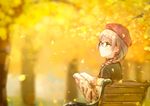  autumn_leaves bangs bench beret black-framed_eyewear blurry bokeh book braid closed_mouth depth_of_field eyebrows_visible_through_hair from_side glasses green_eyes grey_hair hat hiten_(hitenkei) holding holding_book leaf open_book original sitting solo sweater upper_body 