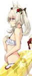  akasaai animal_ears ass azur_lane bangs bikini bikini_top blue_eyes blush closed_mouth flat_chest frilled_bikini frills from_side hair_ribbon hammann_(azur_lane) hand_on_own_chest hand_on_own_stomach highres innertube ribbon rose_hair_ornament simple_background solo swimsuit twintails white_bikini white_hair yellow_innertube 