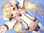  :o ahoge armpits arms_up azur_lane blonde_hair blue_background covered_navel cowboy_shot detached_sleeves dutch_angle eldridge_(azur_lane) electricity facepaint flat_chest foreshortening from_above hair_ornament jitome long_hair looking_up object9991 outstretched_arms red_eyes solo thighhighs twintails very_long_hair white_legwear 