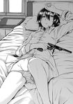  bangs bare_legs bed bed_sheet collared_shirt colt_1851_navy commentary_request day dress_shirt eyebrows_visible_through_hair feet_out_of_frame greyscale gun hair_between_eyes hand_on_forehead handgun highres holding holding_gun holding_weapon kawajuu kino kino_no_tabi knee_up long_sleeves looking_at_viewer lying monochrome on_back on_bed panties panty_pull parted_lips pillow revolver shirt short_hair sleeves_rolled_up solo sunlight trigger_discipline underwear weapon 