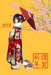  2018 bangs black_hair blunt_bangs cat cherry_blossoms closed_mouth eyebrows_visible_through_hair floral_print from_side full_body fur_collar furisode hair_ribbon highres japanese_clothes kimono long_sleeves looking_at_viewer looking_to_the_side obi original parasol petals ponytail purple_eyes red_kimono red_umbrella ribbon sash shiime short_hair simple_background solo standing tareme tree umbrella wide_sleeves yellow_background 