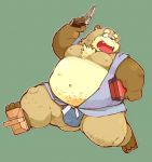  2014 anthro belly canine clothed clothing footwear fundoshi garouzuki green_background gun humanoid_hands japanese_clothing male mammal moobs navel nipples overweight overweight_male ranged_weapon sandals simple_background solo tanuki underwear weapon 