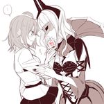  2girls blush breasts carmilla_(fate/grand_order) chaldea_uniform cleavage command_spell corset fate/grand_order fate_(series) finger_kiss fingernails fujimaru_ritsuka_(female) hand_kiss hollomaru horns kiss long_hair long_sleeves looking_at_another mask medium_breasts monochrome multiple_girls scrunchie sharp_fingernails side_ponytail skirt spoken_ellipsis spot_color supportasse translated white_background wide_sleeves yuri 