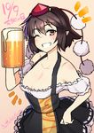  alcohol alternate_costume bare_shoulders beer beer_mug black_hair breasts cleavage collarbone commentary_request cup dated dirndl german_clothes grin hand_on_hip hat highres holding holding_cup looking_at_viewer medium_breasts off_shoulder one_eye_closed pointy_ears pom_pom_(clothes) red_eyes shameimaru_aya short_hair smile solo sweatdrop taketora_suzume tears tokin_hat touhou twitter_username 