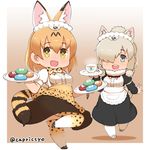  :d alpaca_ears alpaca_suri_(kemono_friends) animal_ears blonde_hair bow bowtie capriccyo chibi commentary_request cup food fur_trim green_eyes grey_eyes hair_between_eyes hair_over_one_eye highres holding holding_plate japari_bun kemono_friends looking_at_viewer multiple_girls open_mouth plate serval_(kemono_friends) serval_ears serval_tail short_hair short_sleeves smile tail teacup twitter_username 
