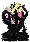  absurdly_long_hair absurdres ass barefoot black_eyes black_hair book closed_mouth commentary_request cup from_side hhhori highres holding holding_book holding_cup kejourou_(monster_girl_encyclopedia) kirby long_hair long_sleeves monster_girl_encyclopedia open_book pajamas pink_shirt prehensile_hair profile reading shirt signature simple_background smile soles solo very_long_hair white_background 