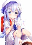  3: backpack bag bangs beret between_legs blue_eyes blue_neckwear blush closed_mouth coffee commentary_request cup dress eyebrows_visible_through_hair flat_chest gochuumon_wa_usagi_desu_ka? hair_ornament hairclip hand_between_legs hat highres kafuu_chino kafuu_chino's_school_uniform kneehighs light_blue_hair long_hair looking_at_viewer necktie puffy_short_sleeves puffy_sleeves randoseru rouka_(akatyann) school_uniform serafuku short_sleeves sidelocks sitting solo twintails white_background white_dress white_hat white_legwear x_hair_ornament 