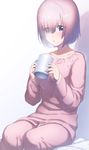  :o alternate_costume bed_sheet blush coffee_mug collarbone commentary cup eyebrows_visible_through_hair eyes_visible_through_hair fate/grand_order fate_(series) hair_over_one_eye highres holding holding_cup long_sleeves mash_kyrielight mug open_mouth pajamas pink_hair purple_eyes shadow short_hair simple_background sitting solo steam tanaka_arumi tareme white_background 