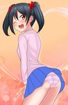  ass bad_id bad_pixiv_id black_hair blue_skirt bow cowboy_shot from_behind gradient gradient_background hair_bow highres himasu_z long_sleeves looking_back love_live! love_live!_school_idol_project miniskirt one_eye_closed open_mouth otonokizaka_school_uniform panties pantyshot pink_panties pink_sweater pleated_skirt red_bow red_eyes round_teeth school_uniform short_hair short_twintails skirt smile standing striped striped_panties sweater tareme teeth thighs twintails underwear yazawa_nico 