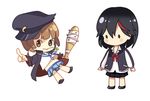  black_hair black_hat black_skirt blue_neckwear blue_skirt brown_hair chibi hat kill_la_kill mankanshoku_mako matoi_ryuuko multicolored_hair multiple_girls red_hair short_hair skirt yuja 