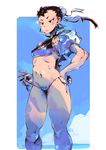  adapted_costume alternate_breast_size andrea_cofrancesco bikini blue_sky breasts brown_hair bun_cover chun-li cleavage cleavage_cutout commentary cowboy_shot day double_bun dudou english_commentary hand_on_hip inflatable_armbands navel ocean short_hair side-tie_bikini sky small_breasts solo spikes street_fighter swimsuit thighs tsurime 