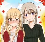  autumn autumn_leaves blonde_hair blush breasts brown_eyes collarbone eila_ilmatar_juutilainen emirio_(user_wmup5874) glasses hand_on_shoulder highres looking_at_viewer medium_breasts multiple_girls perrine_h_clostermann purple_eyes smile source_request strike_witches sweater white_hair world_witches_series 