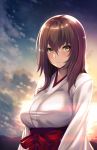  1girl blue_sky breasts brown_hair cloud commentary_request hair_between_eyes highres horizon japanese_clothes kimono large_breasts long_hair looking_at_viewer miko original sash sky smile sunset takanashi-a wide_sleeves yellow_eyes 
