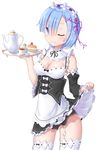  apron arm_at_side ass_visible_through_thighs bangs black_panties blue_hair blush cake cup detached_collar detached_sleeves food garter_straps hair_ornament hair_over_one_eye hairband highres holding ji_dao_ji lace lace-trimmed_panties lifted_by_self looking_at_viewer maid one_eye_closed panties re:zero_kara_hajimeru_isekai_seikatsu rem_(re:zero) short_hair skirt skirt_lift solo standing tea teacup teapot thighhighs tray underwear white_apron white_background white_legwear wide_sleeves x_hair_ornament 