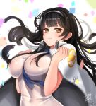  1girl bangs black_hair blue_neckwear breasts brown_eyes dress erect_nipples girls_frontline hairband hands_up headband highres jacket_on_shoulders large_breasts long_hair looking_at_viewer parted_lips qbz-95_(girls_frontline) see-through sun_miru white_dress white_hairband 