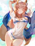  :3 animal_ears arm_up ass_visible_through_thighs bikini blue_bikini_top breasts closed_mouth cowboy_shot fang_out fate/extra fate/grand_order fate_(series) fox_ears fox_tail hand_on_own_chest large_breasts light_brown_eyes long_hair px2011 see-through shirt sidelocks solo sparkle swimsuit swimsuit_under_clothes tail tamamo_(fate)_(all) tamamo_no_mae_(swimsuit_lancer)_(fate) thigh_gap underboob wet wet_clothes wet_shirt 