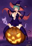  ariverkao blue_eyes breasts cleavage cloak dress elbow_gloves ghost gloves green_hair hat jack-o'-lantern large_breasts open_mouth original short_hair signature sitting solo thighhighs witch witch_hat 